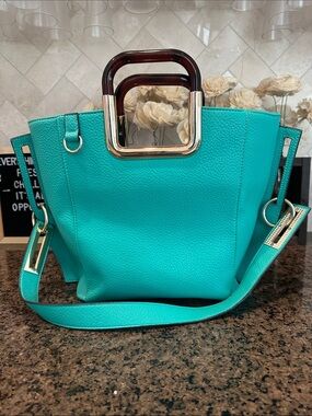 Turquoise Women's Tote Bag with Gold Accent Handles